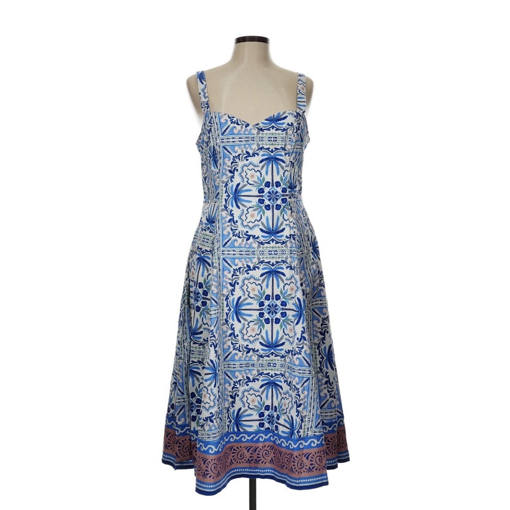 Avec Les Filles Blue White Coastal‎ Sea Life Midi Dress Pockets 14 Resort Beach